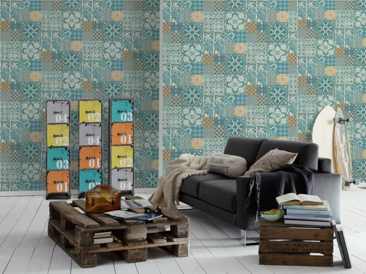 Tapeta ścienna AS Metropolitan Stories 36923-3, tapeta w biało-turkusową kaflę, terakotę, decor 3D, styl marokański