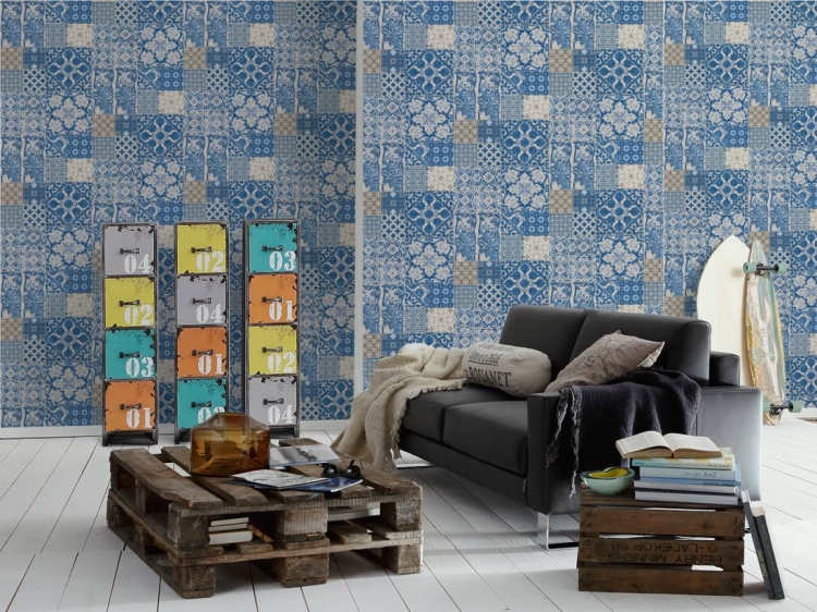 Tapeta ścienna AS Metropolitan Stories 36923-1, tapeta w biało-niebieską kaflę, terakotę, decor 3D, styl marokański