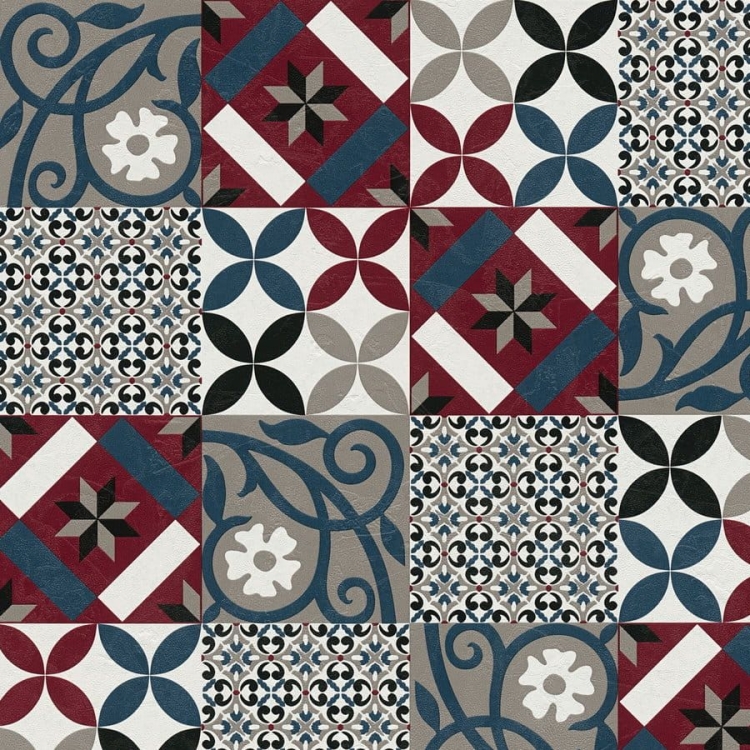 Tapeta New Life 37684-4, tapeta wzór marokański, płytki kuchenne, kafle, kafelki, do kuchni, łazienki, bordowy, szary, niebieski, tapeta AS do kuchni