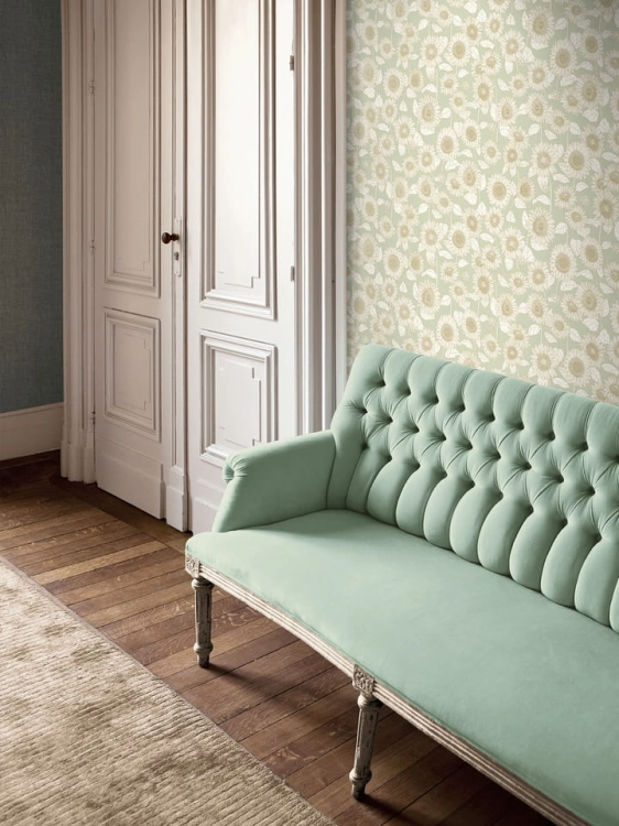 Tapeta New Life 37685-2, tapeta ścienna AS Creation, tapeta w kwiaty, słoneczniki, do pokoju, sypialni, złoty, beż, szałwiowy