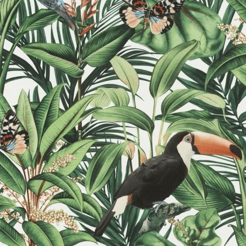 Tapeta ścienna na flizelinie Erismann Paradisio 2 10121-07, tapeta w tropikalne liście, botaniczna, tapeta w tukany, motylki, biały, zielony