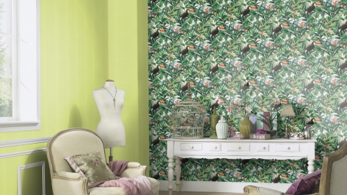 Tapeta Erismann Paradisio 2 10121-07, tapeta w liście, botaniczna, tapeta w tukany, tapeta w motylki