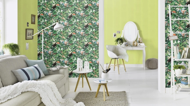 Tapeta Erismann Paradisio 2 10121-07, tapeta w liście, botaniczna, tapeta w tukany, tapeta w motylki