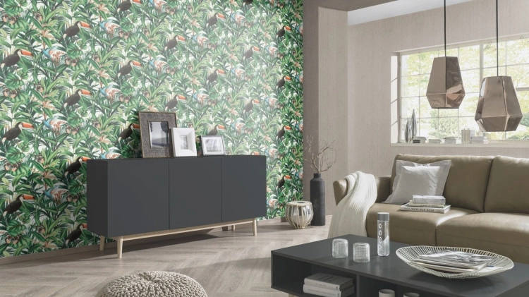 Tapeta Erismann Paradisio 2 10121-07, tapeta w liście, botaniczna, tapeta w tukany, tapeta w motylki, aranżacja