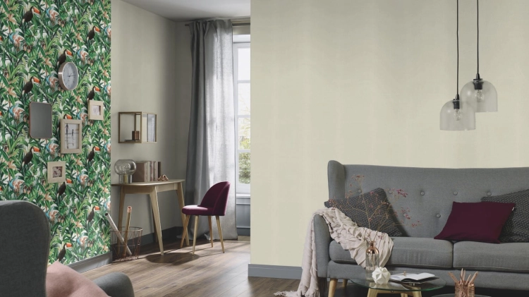 Tapeta ścienna na flizelinie Erismann Paradisio 2 10121-07, tapeta w tropikalne liście, botaniczna, tapeta w tukany, motylki, biały, zielony, aranżacja