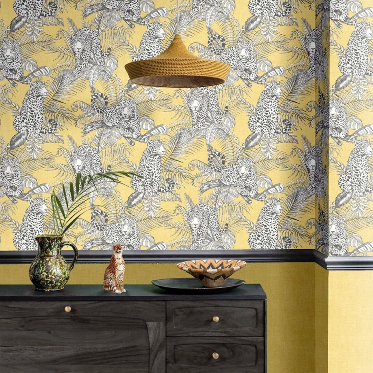 tapeta ścienna papierowa ugepa, Mamboa 173522, żółte gepardy, koty białe na żółtym tle