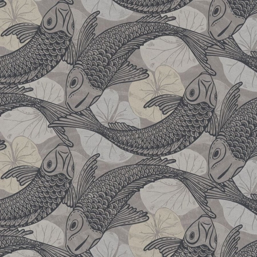 Tapeta ścienna w rybki koi, AS Metropolitan Stories 37859-3 czarno-srebrna