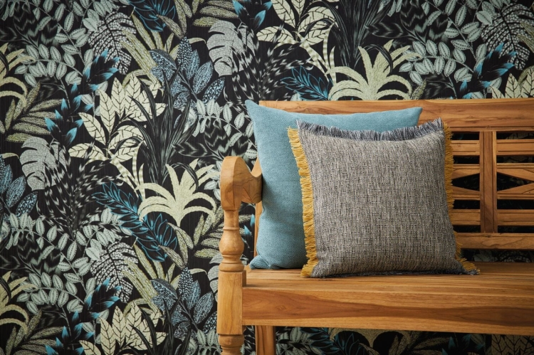 Tapeta ścienna w duże liście, palmy, AS Metropolitan Stories 37860-3 czarny,turkusowy, szałwiowy styl afrykański