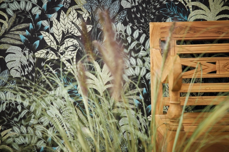 Tapeta ścienna w duże liście, palmy, AS Metropolitan Stories 37860-3 czarny,turkusowy, szałwiowy styl afrykański