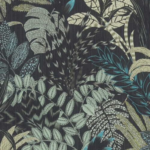 Tapeta ścienna w duże liście, palmy, AS Metropolitan Stories 37860-3 czarny,turkusowy, szałwiowy styl afrykański