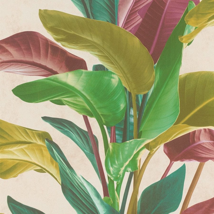 Tapeta AS Metropolitan Stories 2 37862-1, tapeta ścienna na flizelinie w duże palmowe liście, bananowca, zielony bordowy, różowy