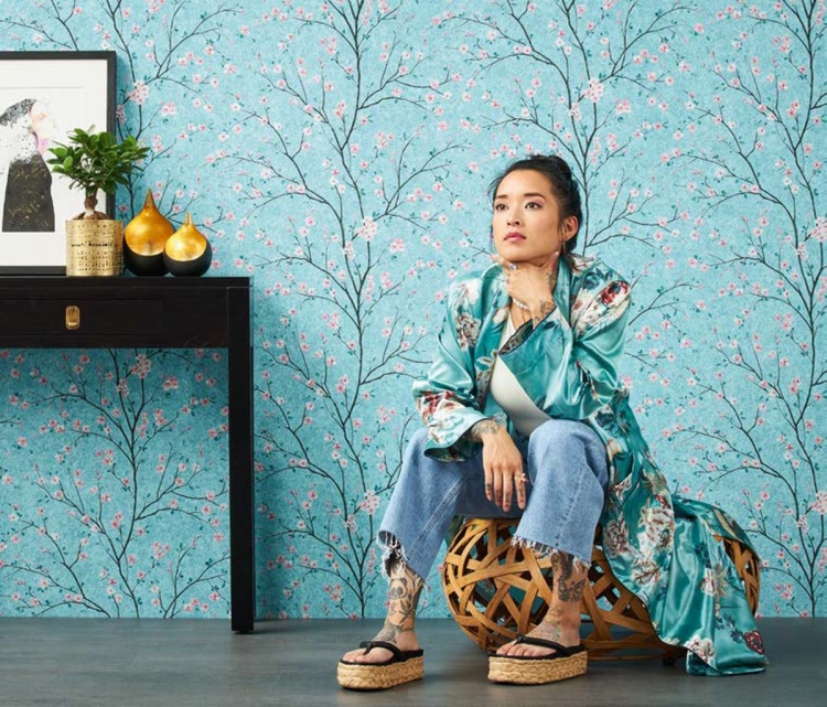 Tapeta AS Metropolitan Stories 2 37912-3, tapeta w drzewka, małe kwiatki wiśni, różowe, turkusowe