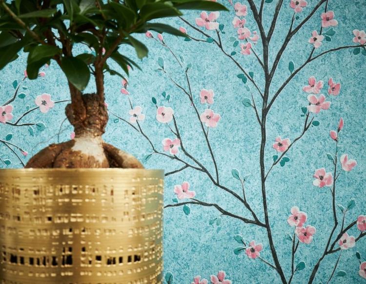 Tapeta AS Metropolitan Stories 2 37912-3, tapeta w drzewka, małe kwiatki wiśni, różowe, turkusowe