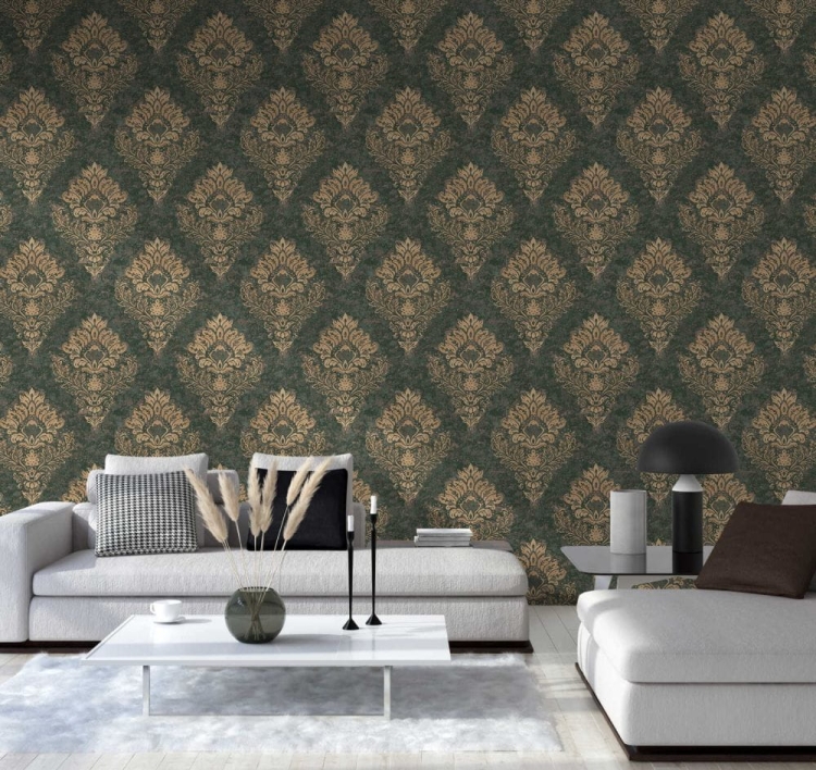 Tapeta ścienna AS Metropolitan Stories 2 37901-1, tapeta ścienna glamour, zielony, butelkowy ornament, winylowa okładzina na flizelinie w stylu barokowym