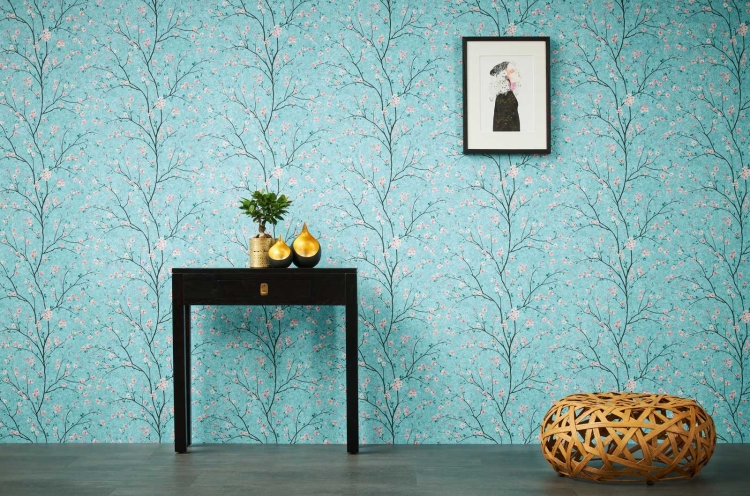 Tapeta AS Metropolitan Stories 2 37912-3, tapeta w drzewka, małe kwiatki wiśni, różowe, turkusowe