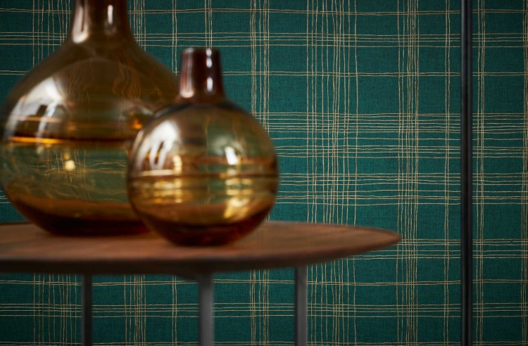 Tapeta ścienna AS Metropolitan Stories 37919-3, zielono-złoty wzór geometryczny, krata kolor butelkowy