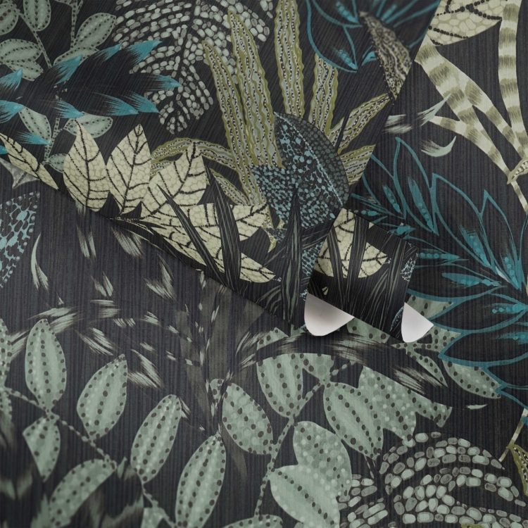 Tapeta ścienna w duże liście, palmy, AS Metropolitan Stories 37860-3 czarny,turkusowy, szałwiowy styl afrykański