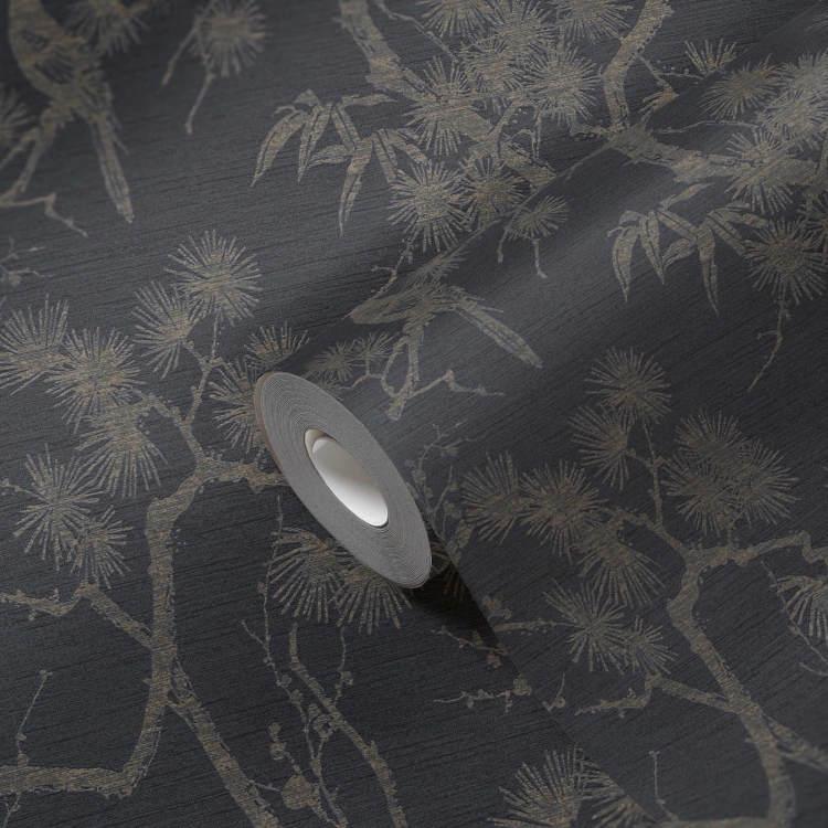 Tapeta ścienna w drzewka, krzewy, ptaki, AS Metropolitan Stories 37867-2 czarna, beżowa, styl orientalny, japoński