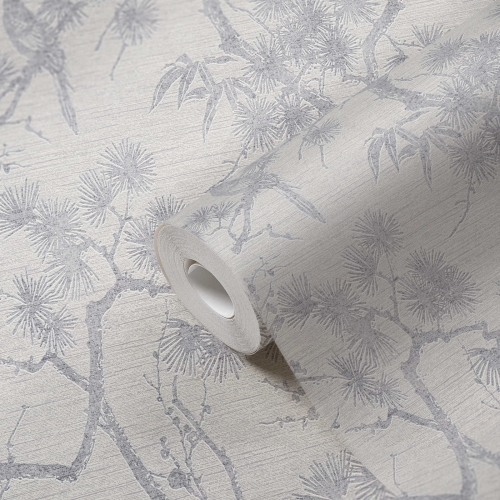 Tapeta ścienna w drzewka, krzewy, ptaki, AS Metropolitan Stories 37867-3 biało-srebrna