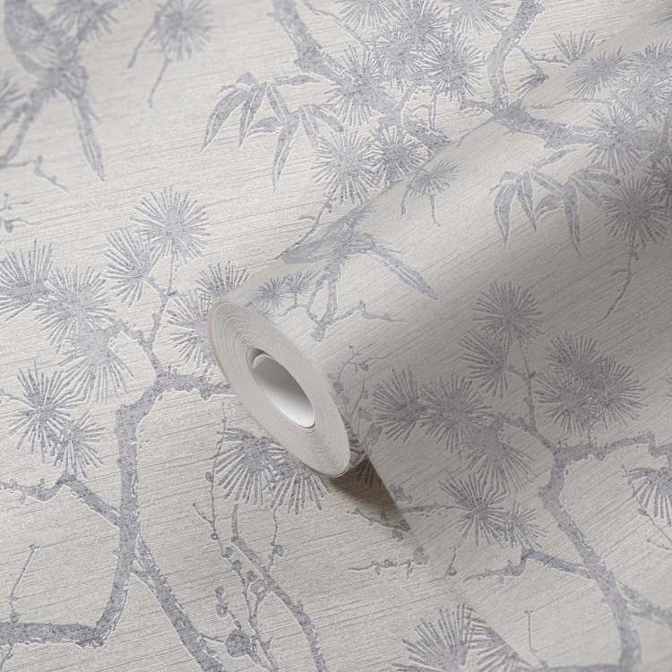 Tapeta ścienna w drzewka, krzewy, ptaki, AS Metropolitan Stories 37867-3 biało-srebrna