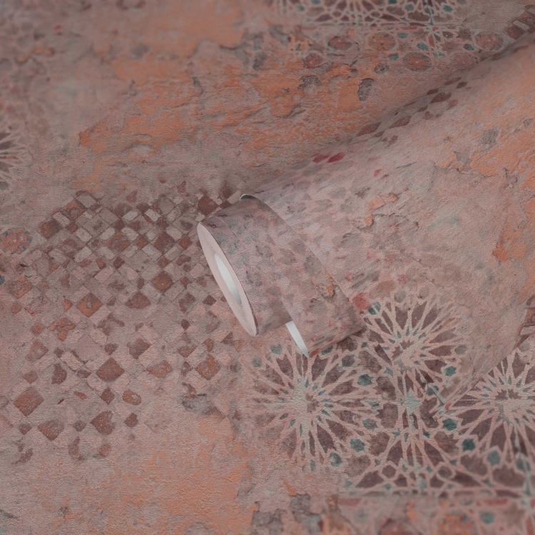 Tapeta ścienna na flizelinie AS Metropolitan Stories 2 37858-2 , tynk koloryzowany, ozdobny, morelowy, mozaika marokańska, styl śródziemnomorski