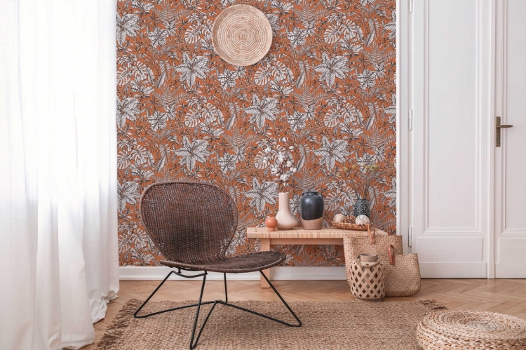 Tapeta Hechter 6 AS 375204, tapeta z motywem liści, palmy, monstery, botaniczna, kolor pomarańczowy, biały, czarny, aranżacja
