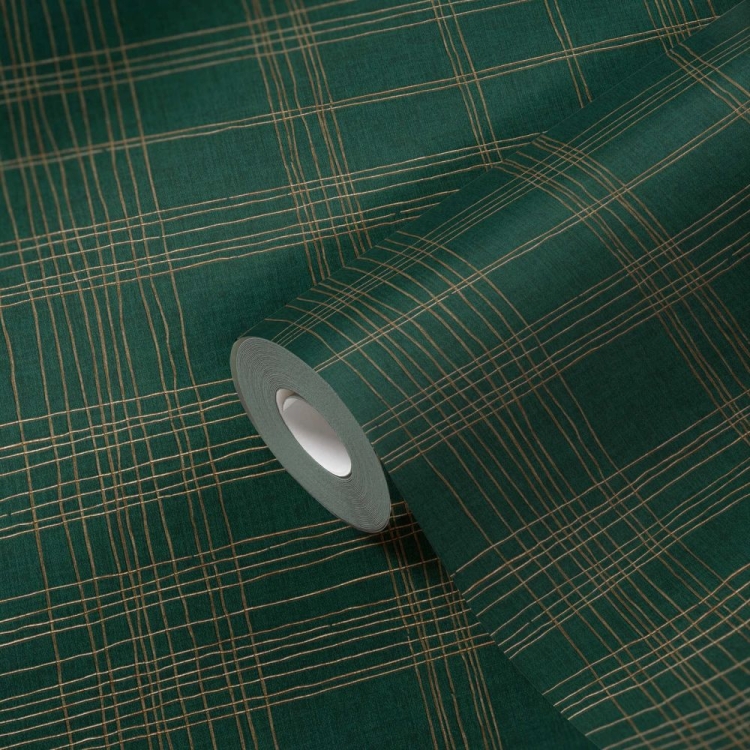 Tapeta ścienna AS Metropolitan Stories 37919-3, zielono-złoty wzór geometryczny, krata kolor butelkowy