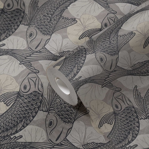 Tapeta ścienna w rybki koi, AS Metropolitan Stories 37859-3 czarno-srebrna