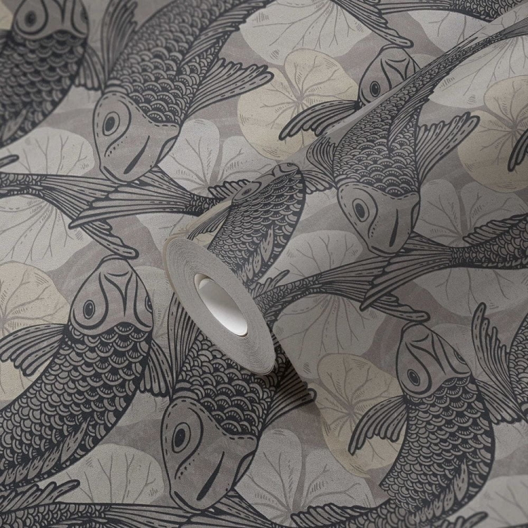 Tapeta ścienna w rybki koi, AS Metropolitan Stories 37859-3 czarno-srebrna