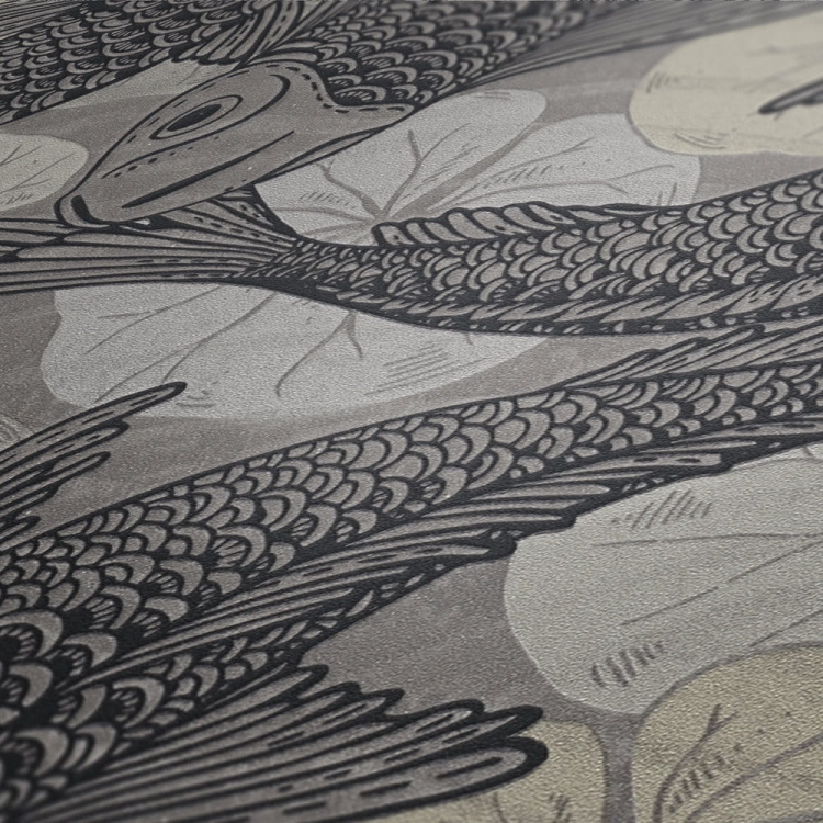 Tapeta ścienna w rybki koi, AS Metropolitan Stories 37859-3 czarno-srebrna