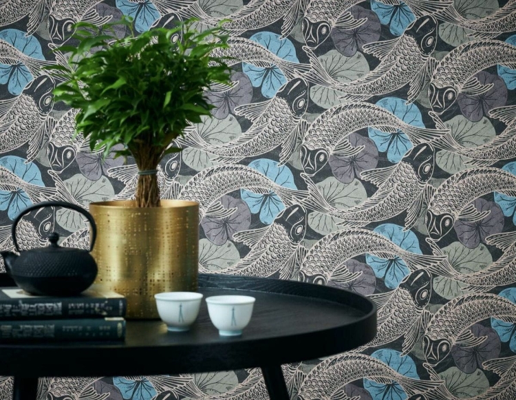 Tapeta ścienna w rybki koi, AS Metropolitan Stories 37859-4 czarno-koralowa