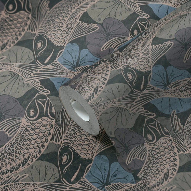 Tapeta ścienna w rybki koi, AS Metropolitan Stories 37859-4 czarno-koralowa