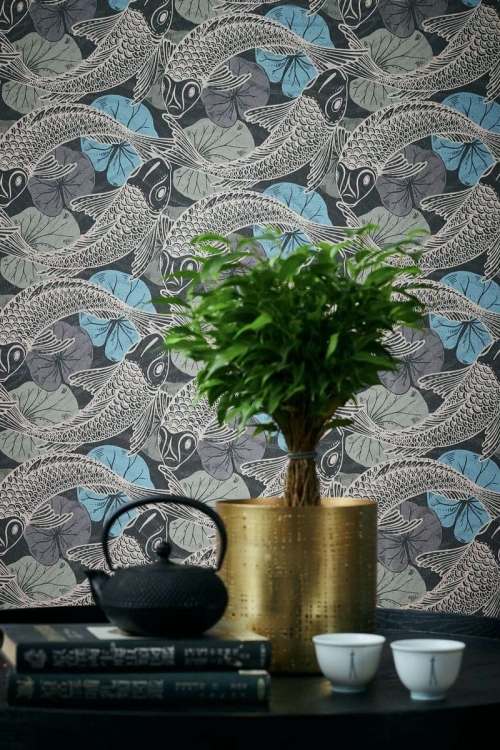 Tapeta ścienna w rybki koi, AS Metropolitan Stories 37859-4 czarno-koralowa