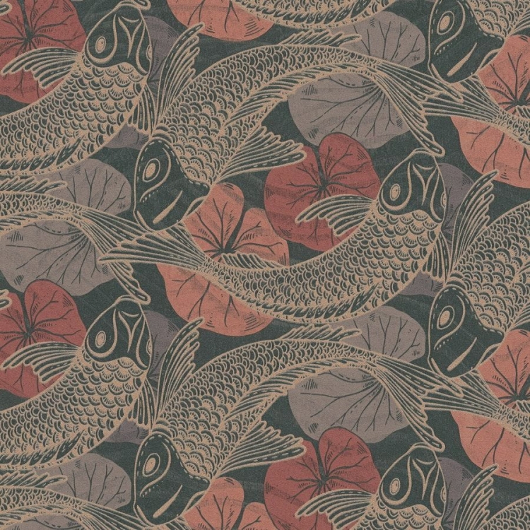 Tapeta ścienna w rybki koi, AS Metropolitan Stories 37859-5 czarno-koralowa, bordowa