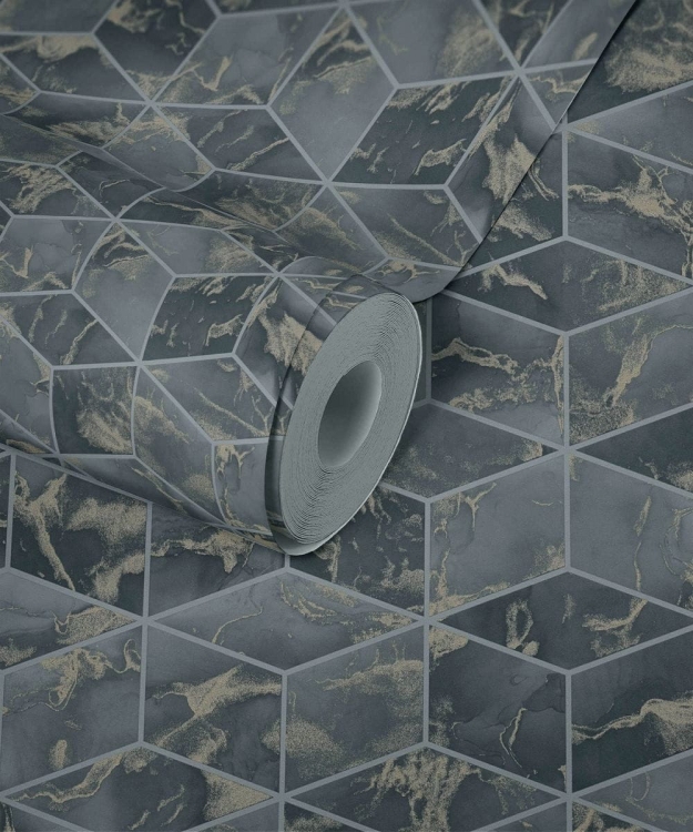 Tapeta AS Metropolitan Stories 2 37863-3, tapeta w kafle 3D, kostkę, terakota, czarna ze złotym