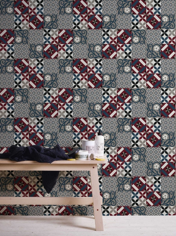 Tapeta New Life 37684-4, tapeta wzór marokański, płytki kuchenne, kafle, kafelki, do kuchni, łazienki, bordowy, szary, niebieski, tapeta AS do kuchni