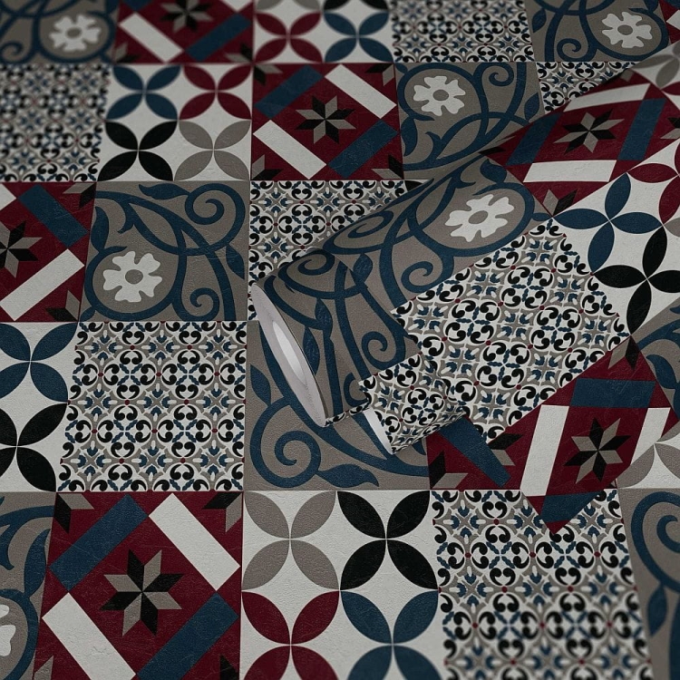 Tapeta New Life 37684-4, tapeta wzór marokański, płytki kuchenne, kafle, kafelki, do kuchni, łazienki, bordowy, szary, niebieski, tapeta AS do kuchni