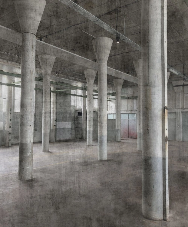 Tapeta ścienna/Mural Factory IV 429725 Rasch na flizelinie, 3D, zdjęcie starej fabryki, kolumny