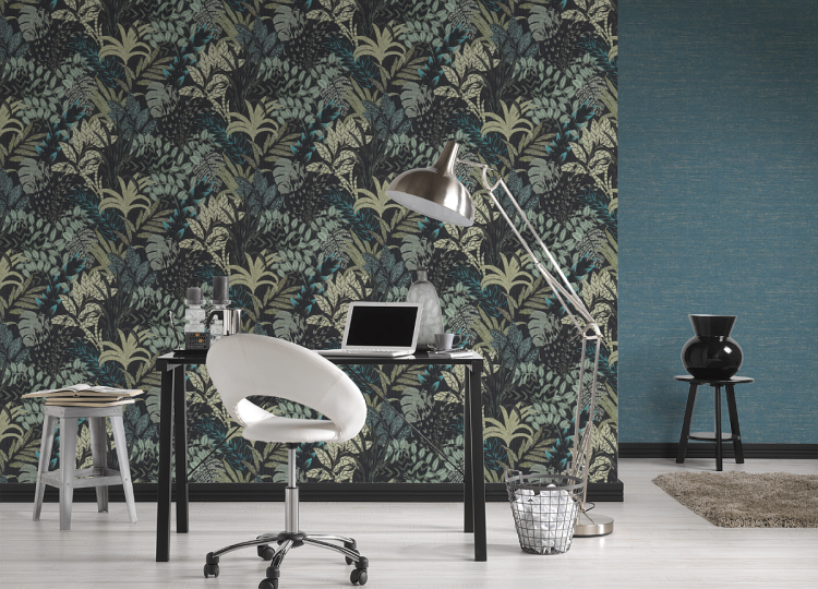 Tapeta ścienna na flizelinie AS Metropolitan Stories 2 37857-6 , tapeta jednolita, bez wzoru, tkanina lniana, turkusowa, aranżacja