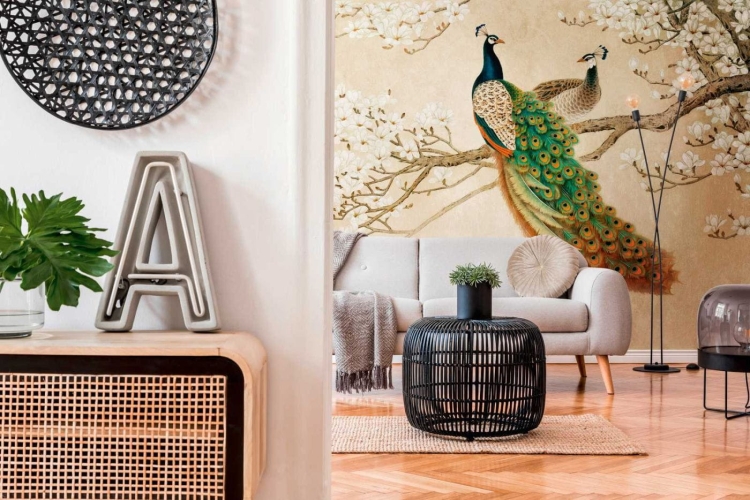 Metropolitan Stories The Wall 38236-1 Tapeta ścienna AS-MURAL, gałęzie, kwiaty, paw