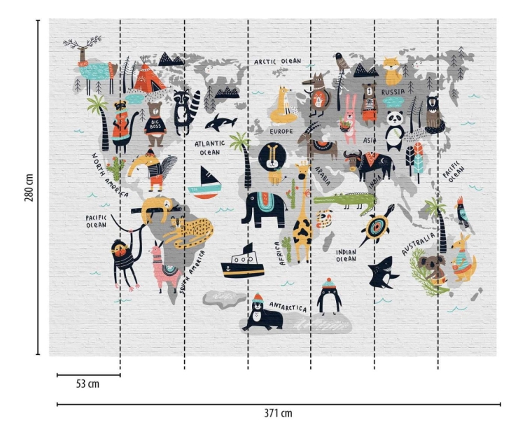 Metropolitan Stories The Wall 38297-1 Tapeta ścienna AS-MURAL, mapa, kontynenty, zwierzątka, dziecięca