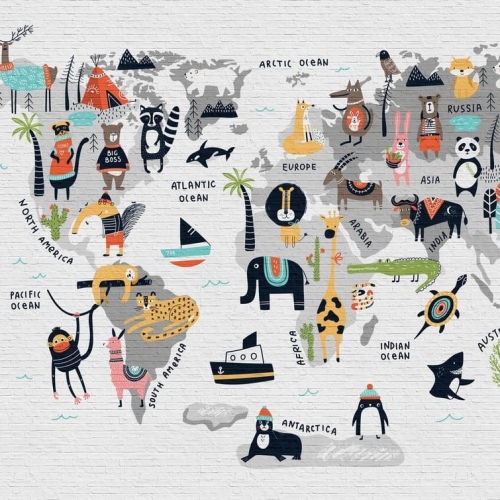 Metropolitan Stories The Wall 38297-1 Tapeta ścienna AS-MURAL, mapa, kontynenty, zwierzątka, dziecięca