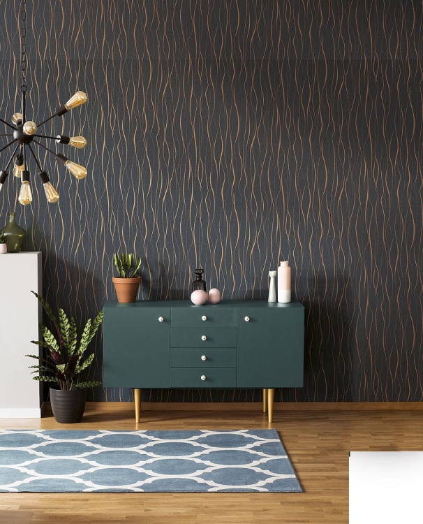 Tapeta ścienna IVY Marburg 82322 Novamur, czarno złote fale, wzór geometryczny