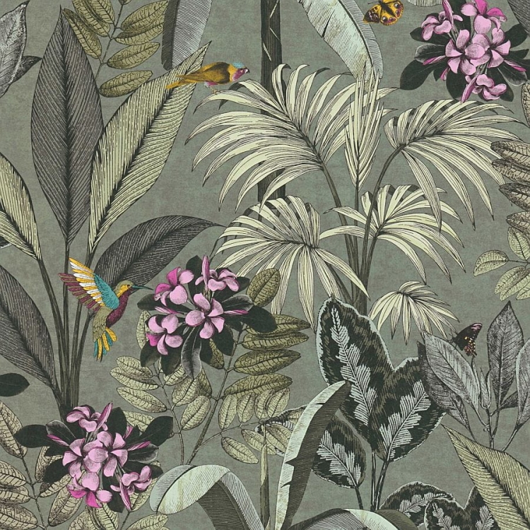 Pint Walls 38738-2 Tapeta ścienna AS, botanika, liście palmy, kwiaty, koliber