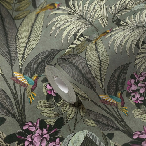 Pint Walls 38738-2 Tapeta ścienna AS, botanika, liście palmy, kwiaty, koliber