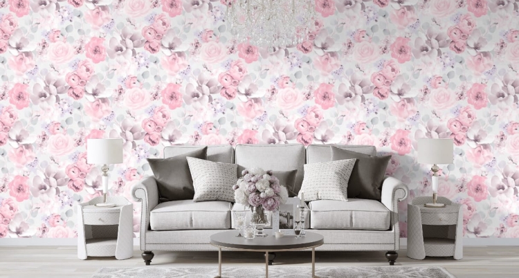 Tapeta ścienna duże kwiaty 3D, szary, różowy, 511220, Sintra, winyl na flizelinie, aranżacja
