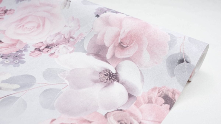 Tapeta ścienna duże kwiaty 3D, szary, różowy, 511220, Sintra, winyl na flizelinie