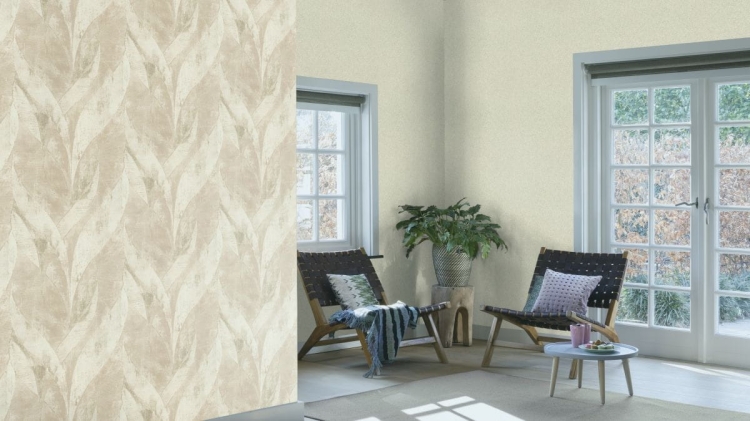 Tapeta ścienna na flizelinie 520033 Rasch liście beżowe, wzór nowoczesny, aranżacja