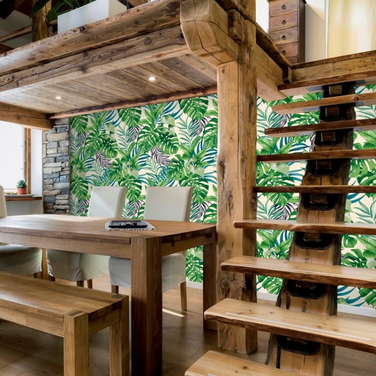 l56104, Tapeta ścienna papierowa, liście, palmy, dżungla, zielona, aranżacja