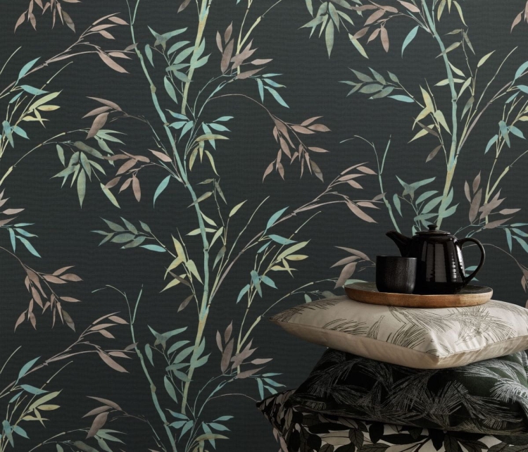 TAPETA-10388-15-Martinique do pokoju, czarna w zielone i brązowe liście bambusa Erismann